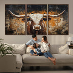 Abstract Longhorn Bull Wall Art Canvas Print, Vintage Western Texas Steer Artwork