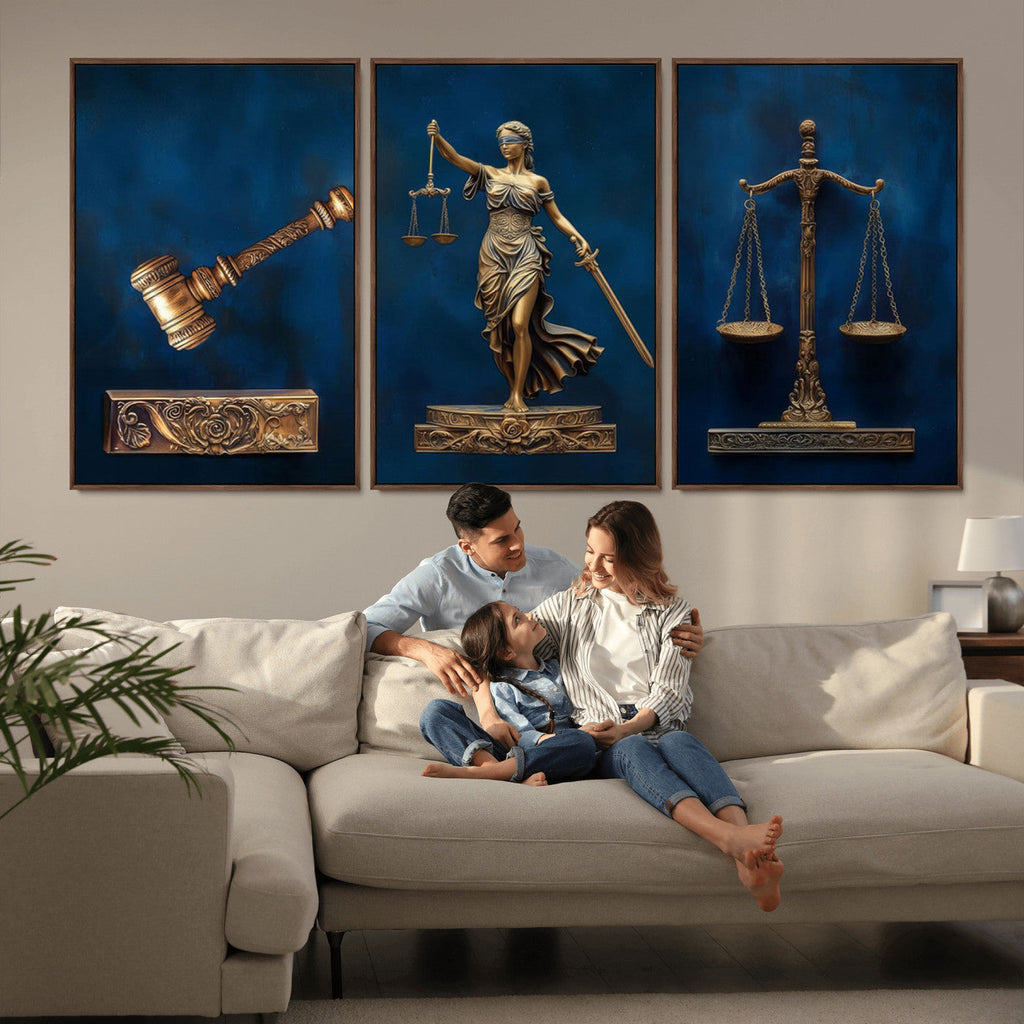 Lady Justice Wall Art Canvas Print, Elegant Gold Legal Symbols on Blue, Law Office Decor