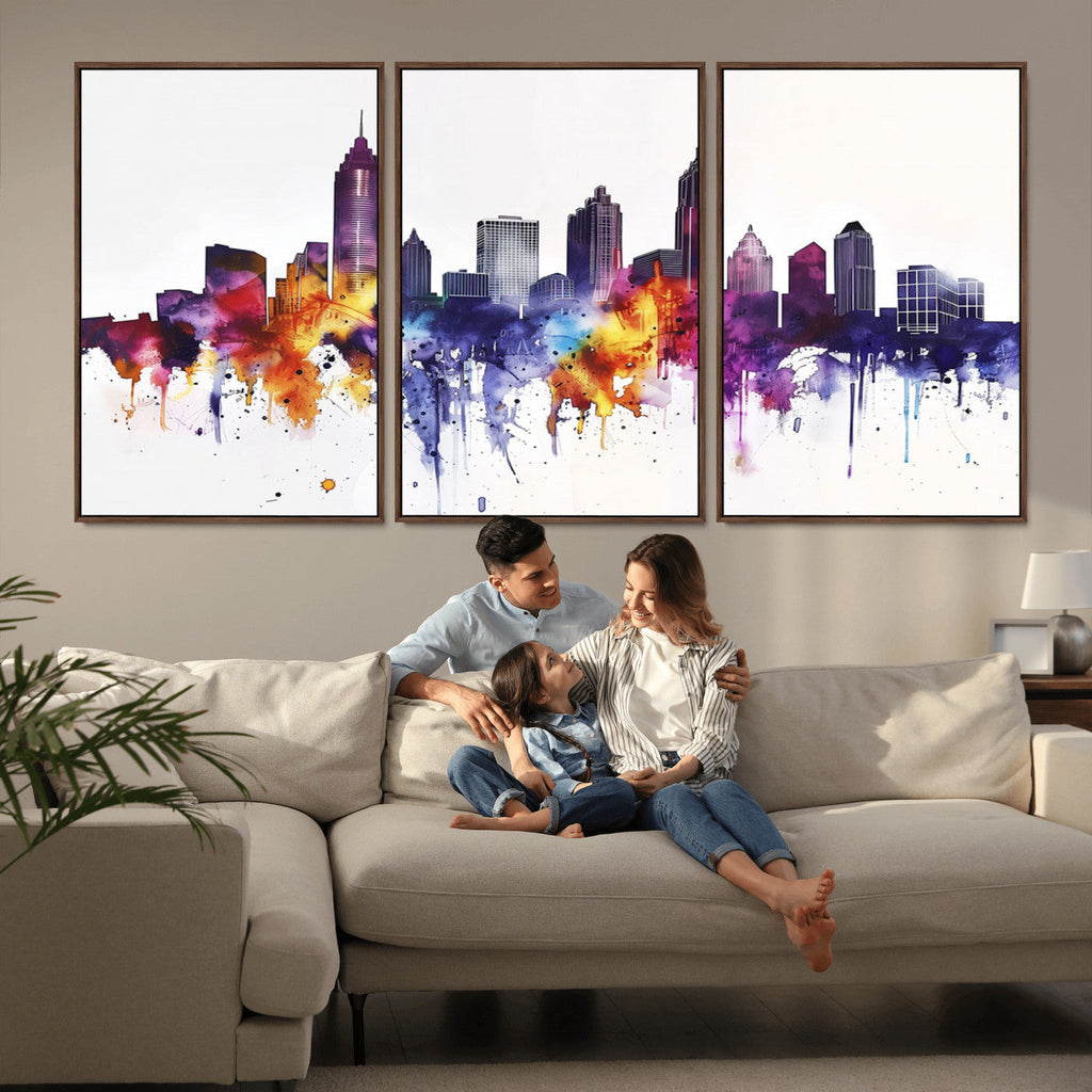 Atlanta Skyline Wall Art Canvas Print, Framed Colorful Watercolor Cityscape