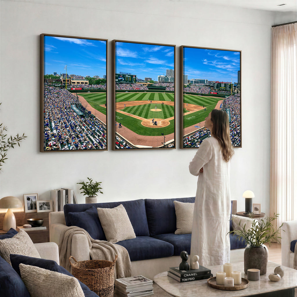 Wrigley Field Baseball Stadium Canvas Wall Art, Packed Crowd and Chicago Skyline