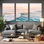 Sunset Surfing Wall Art Canvas Print, Ocean Wave Surfer with Golden Sky