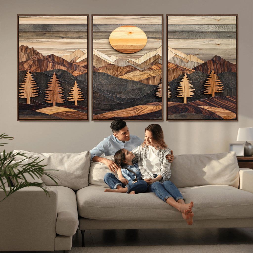 Wooden Mountain Layers Art | Rustic Pine Tree Landscape