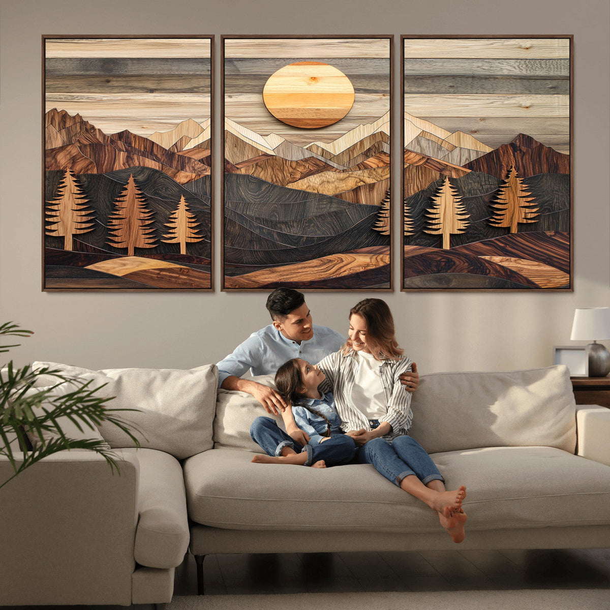 Wooden Mountain Layers Art | Rustic Pine Tree Landscape