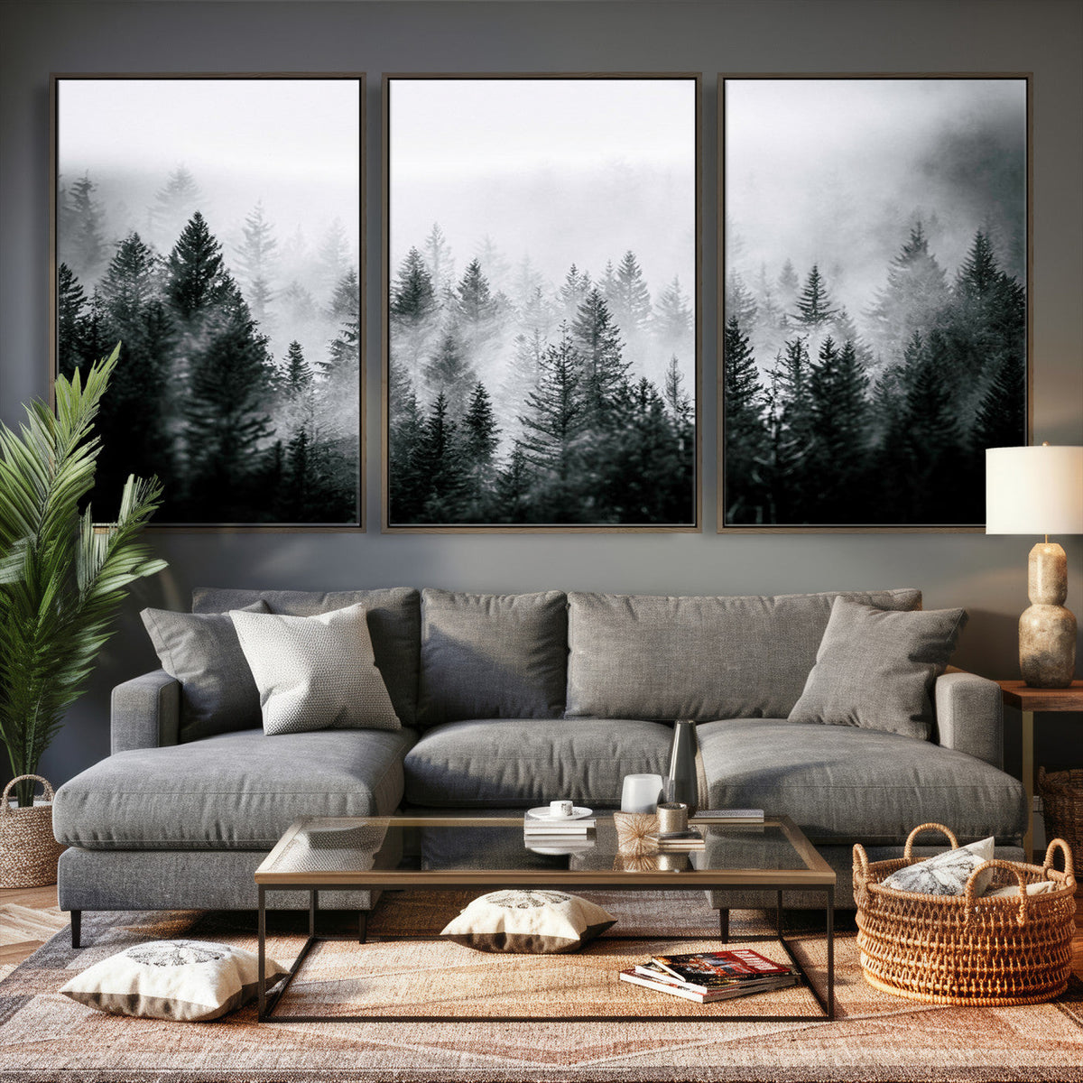 Foggy Forest Wall Art Canvas Print, Mountain Woodland Landscape, Minimal Nature Decor