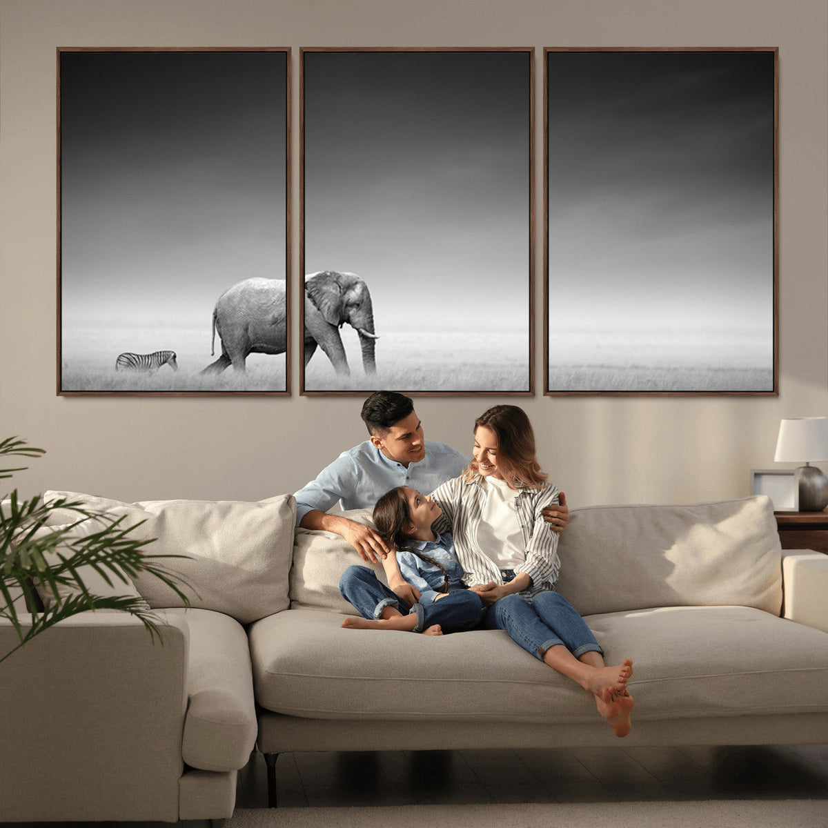 Elephant and Zebra Wall Art Canvas Print, Modern Artwork