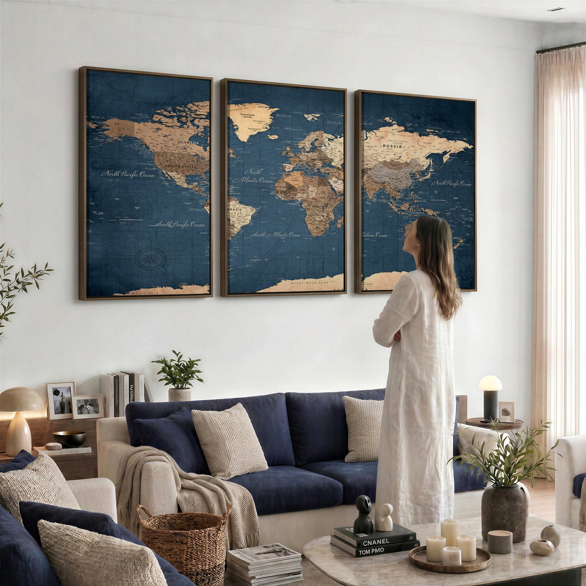 Navy Blue World Map Canvas Print | Framed Travel Map Wall Art