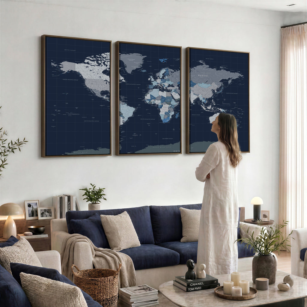 Blue Detailed World Map Wall Art Canvas Print | Modern Framed Map