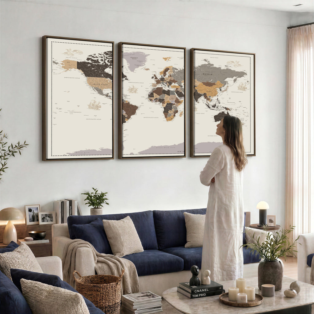 Custom Beige Modern Push Pin World Map Canvas Print, Places Visited Tracker, Bedroom and Study Decor