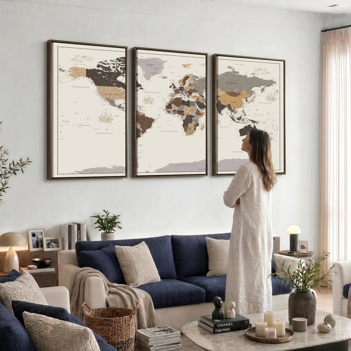Custom Beige Modern Push Pin World Map Canvas Print, Places Visited Tracker, Bedroom and Study Decor