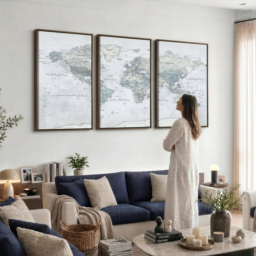 Push Pin World Map Canvas Print - Detailed Vintage World Map