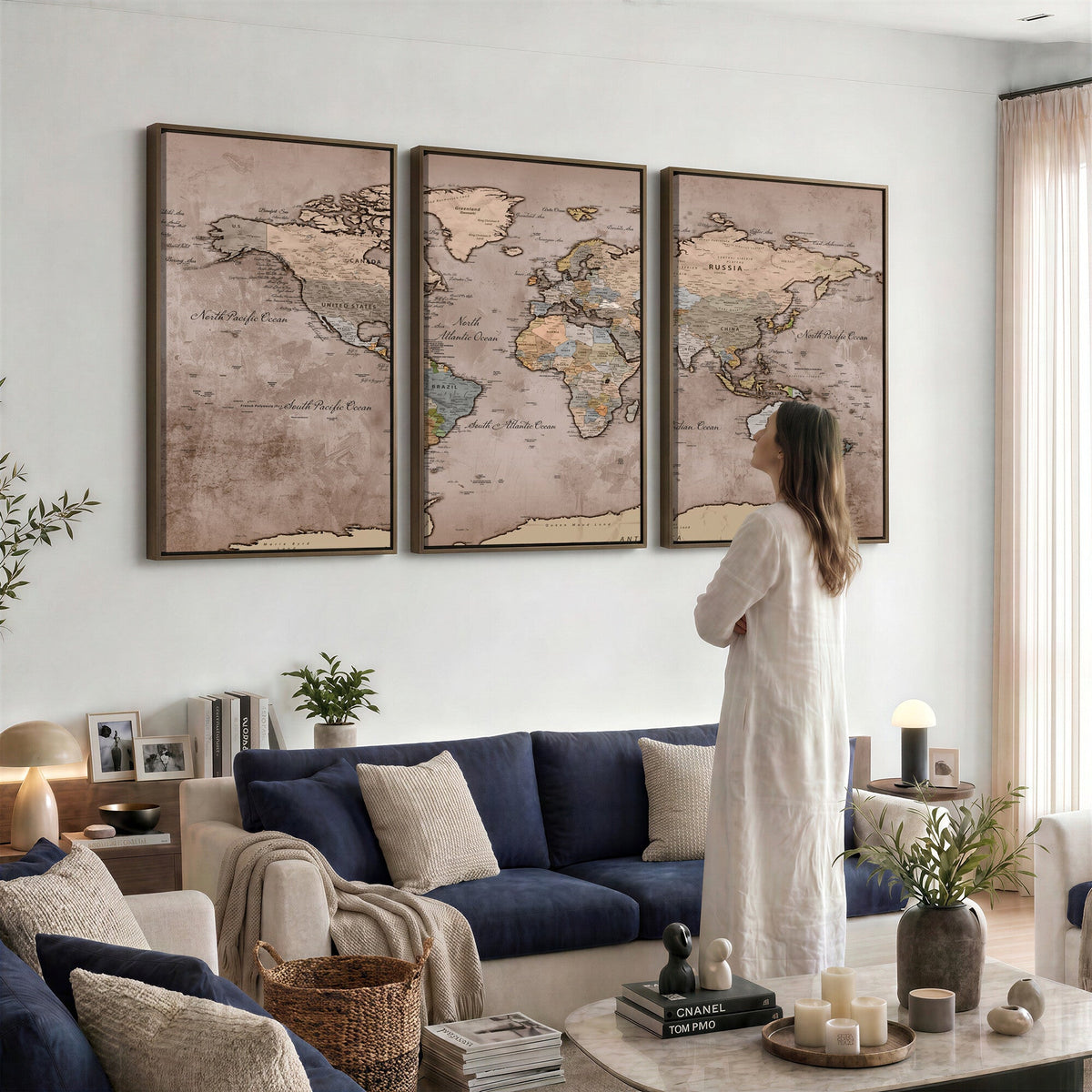 Grunge World Map Canvas Wall Art - Vintage Aged World Map with Golden Tones