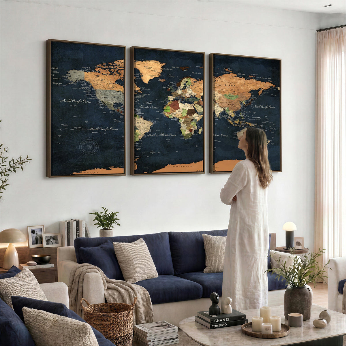 Vintage World Map Canvas Wall Art | Detailed Map with Countries, Oceans and Continents
