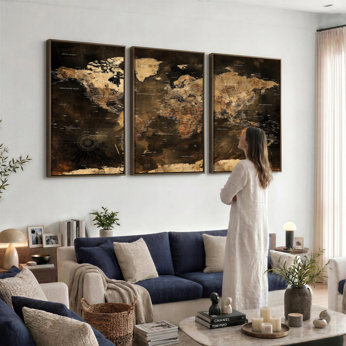 World Map Canvas Print, Modern Decorative Framed Map Artwork