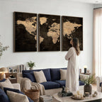Brown World Map Canvas Print | Modern Travel Map Wall Art