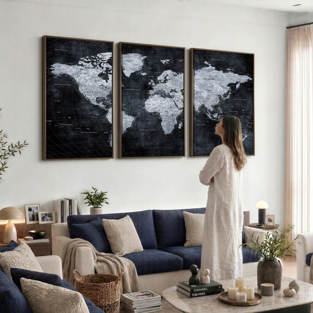 Black World Map Canvas Print | Detailed Map for Couples and Anniversary Gift