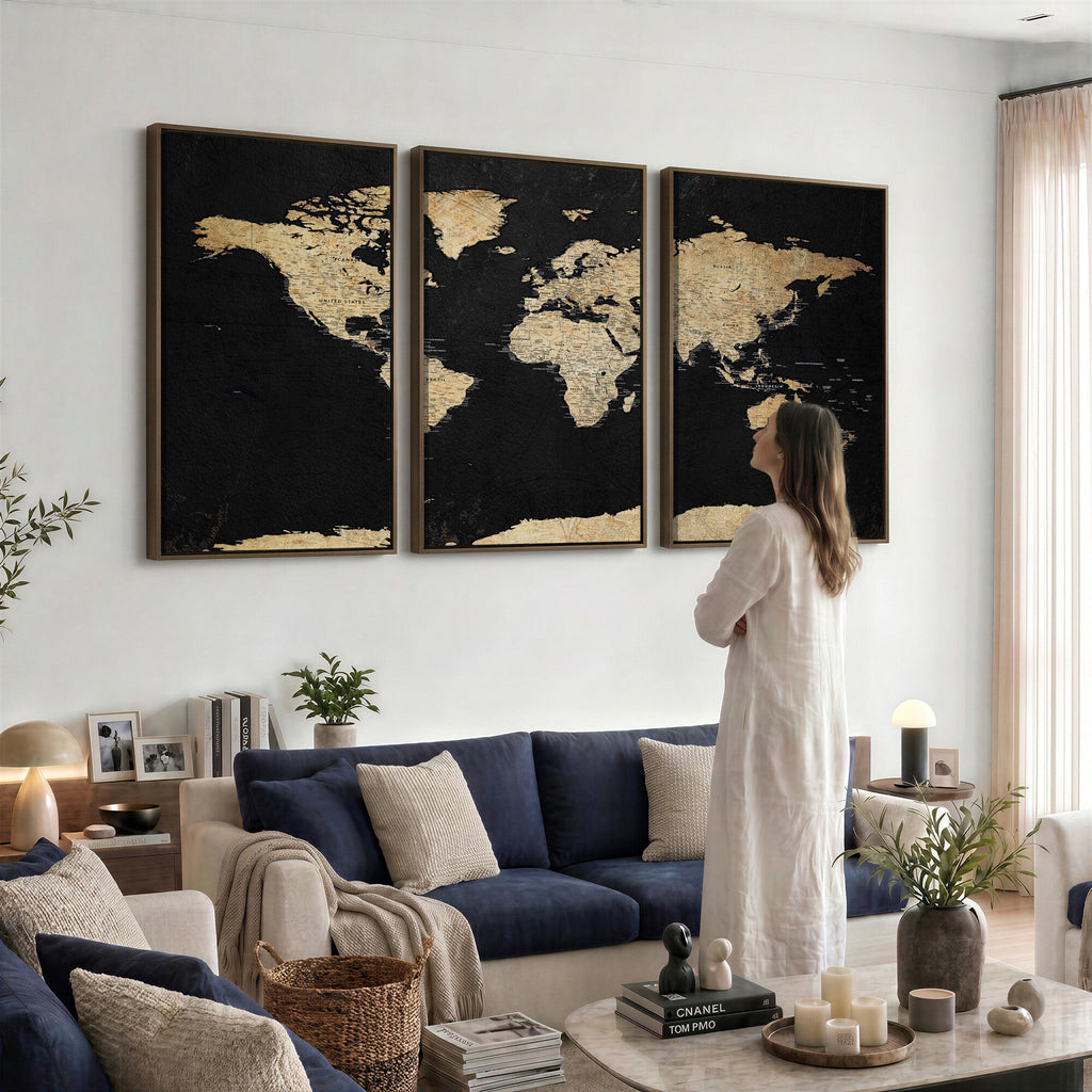 Beige World Map Canvas Wall Art Print, Minimal Black and Beige Map
