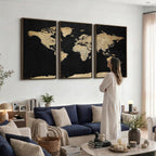 Beige World Map Canvas Wall Art Print, Minimal Black and Beige Map