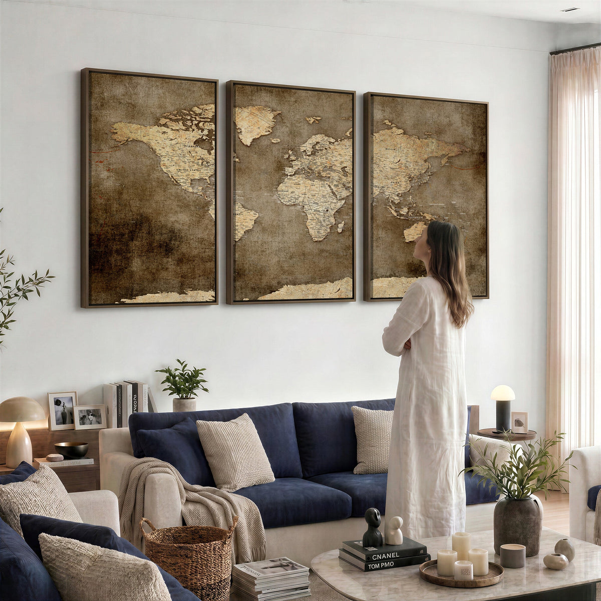 Dark Vintage World Map Canvas Wall Art Print, Antique Map Artwork