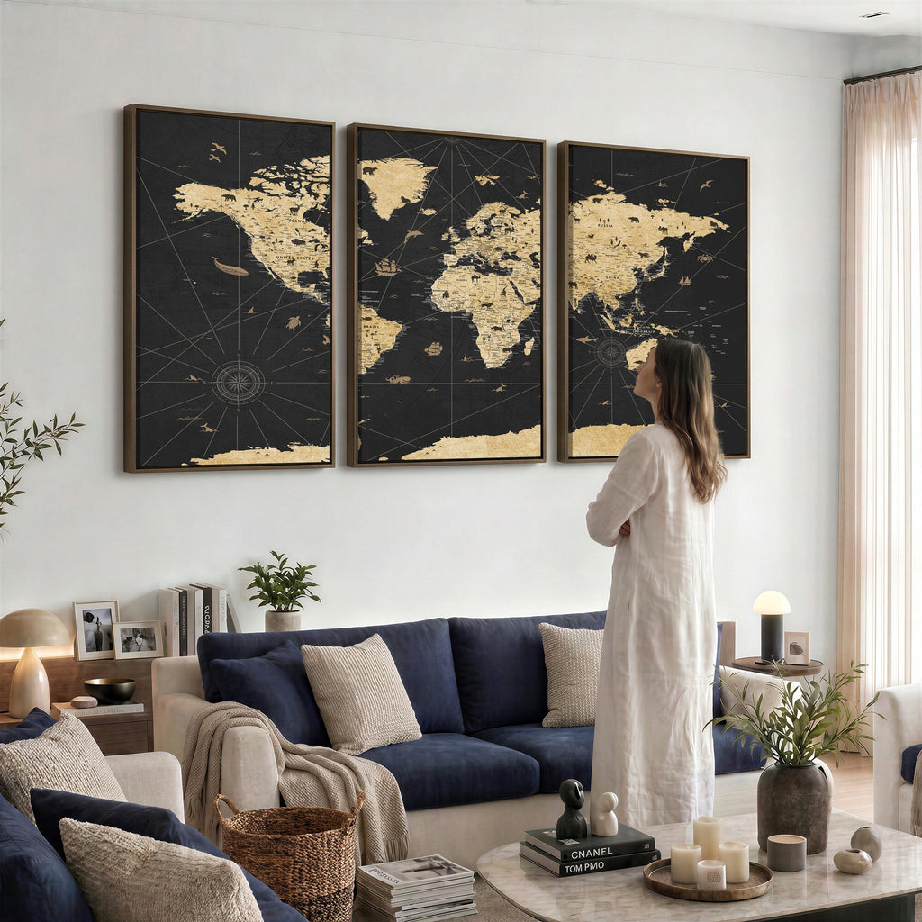 Vintage Blue and Brown World Map Canvas Wall Art | Framed Rustic Map Print