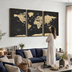 Vintage Blue and Brown World Map Canvas Wall Art | Framed Rustic Map Print