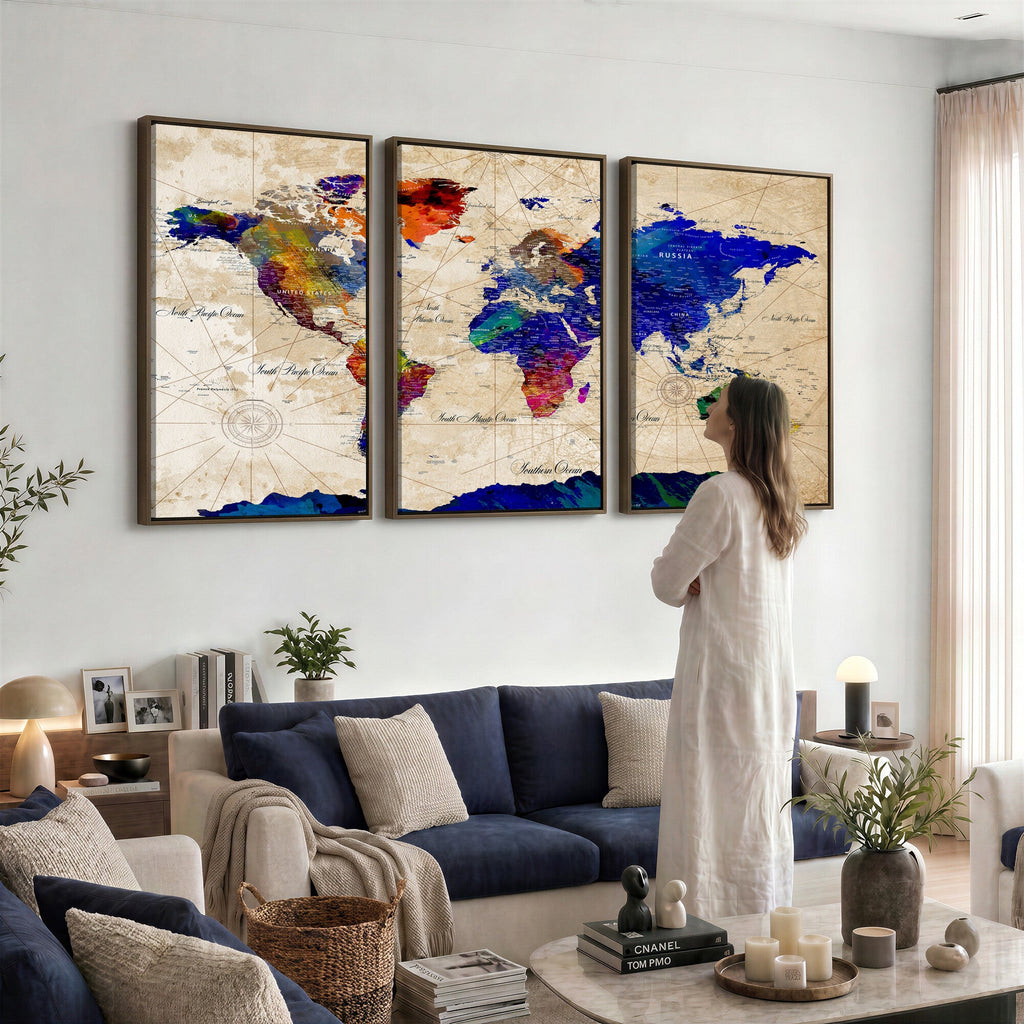 Watercolor World Map Canvas Print | Framed Wall Art for Couples