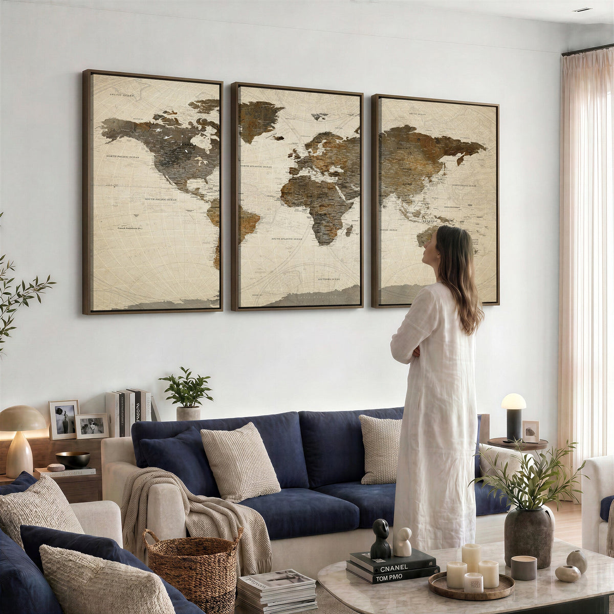 Vintage World Map Canvas Wall Art | Framed Antique Style Travel Map