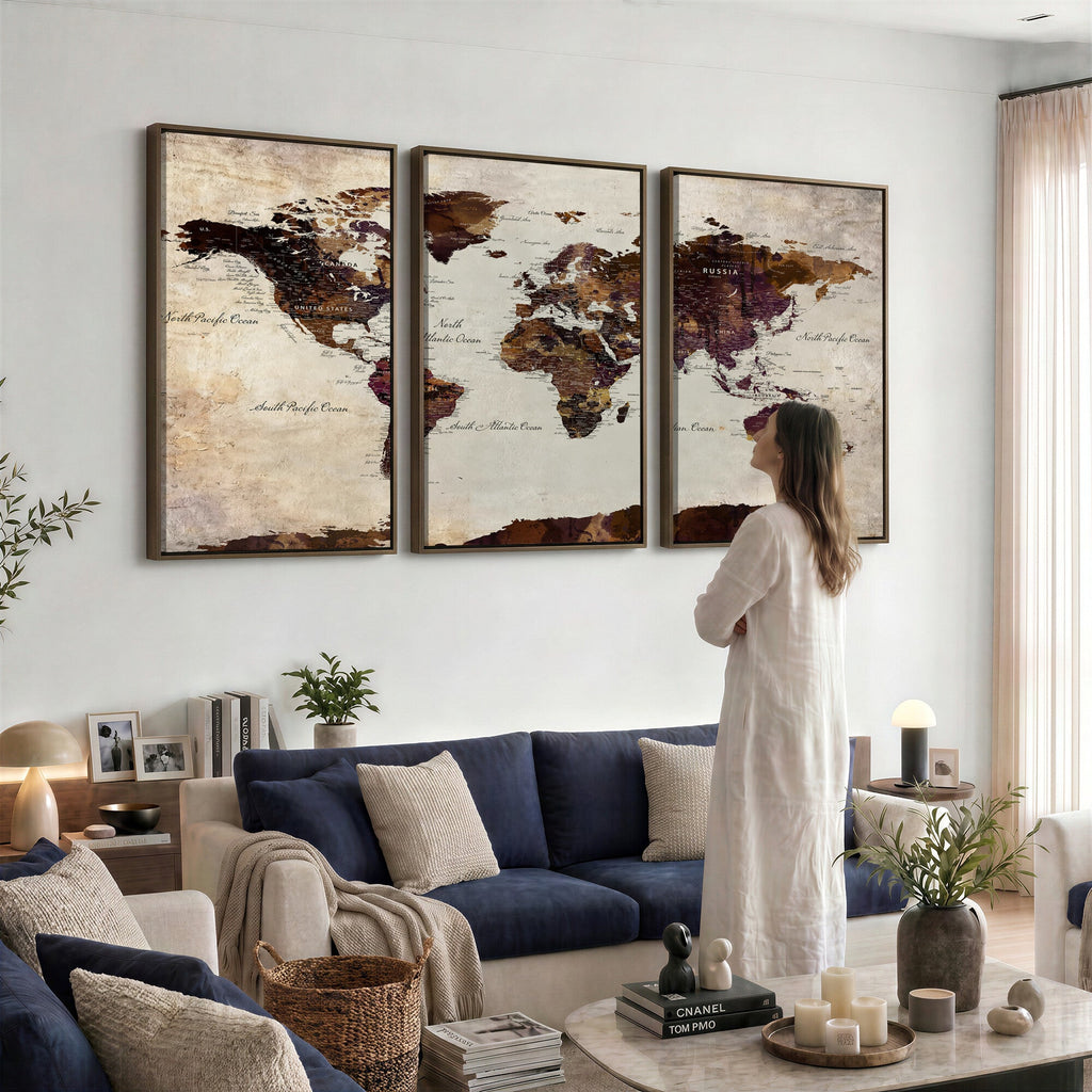 World Map Canvas Triptych | Colorful Global Wall Art for Living Rooms