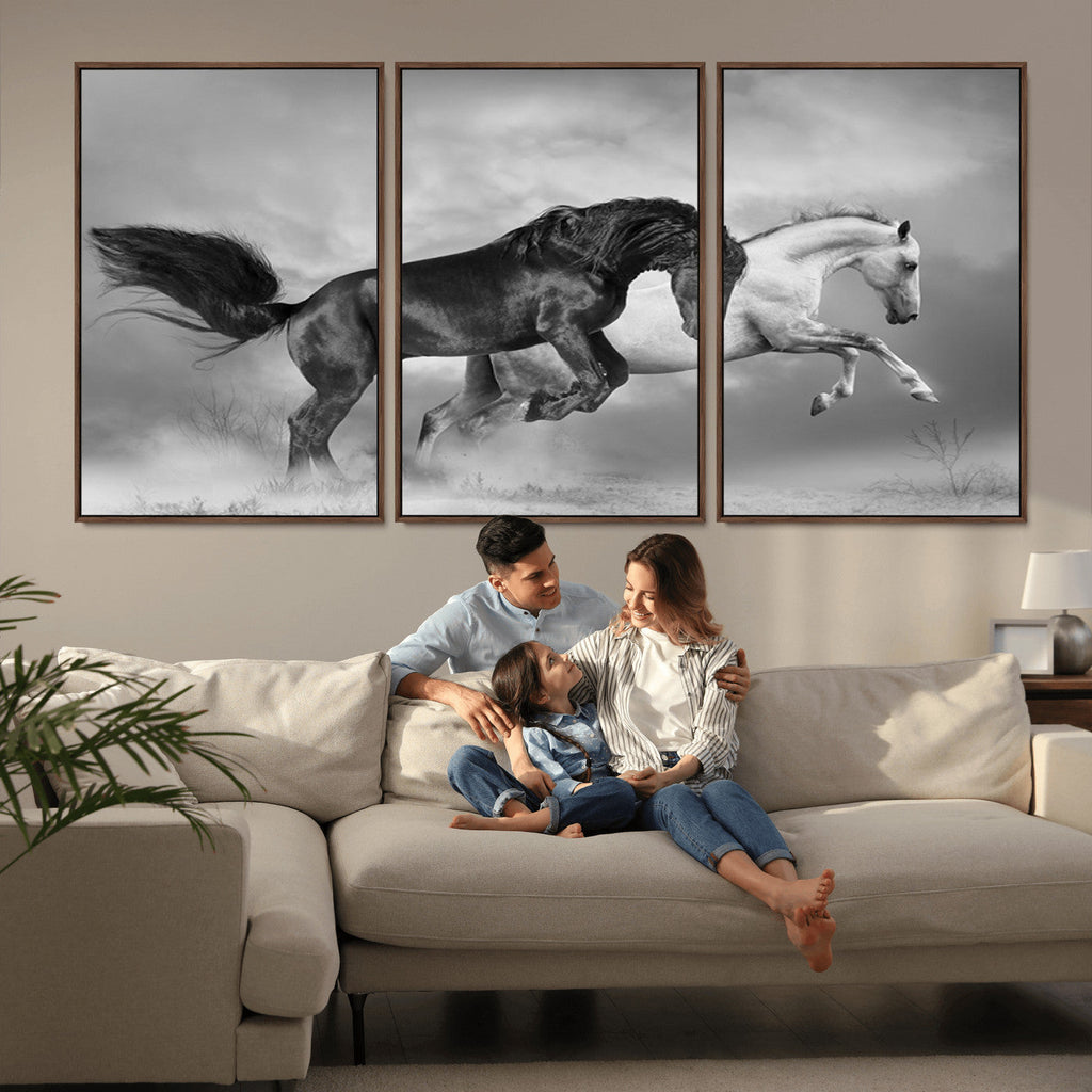 Wild Horses Wall Art Canvas Print, Framed Black and White Galloping Horses