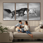 Wild Horses Wall Art Canvas Print, Framed Black and White Galloping Horses