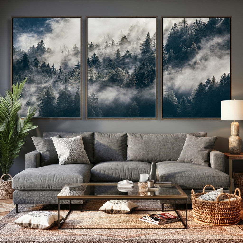 Foggy Mountain Forest Canvas Print, Misty Pine Trees Nature Wall Art