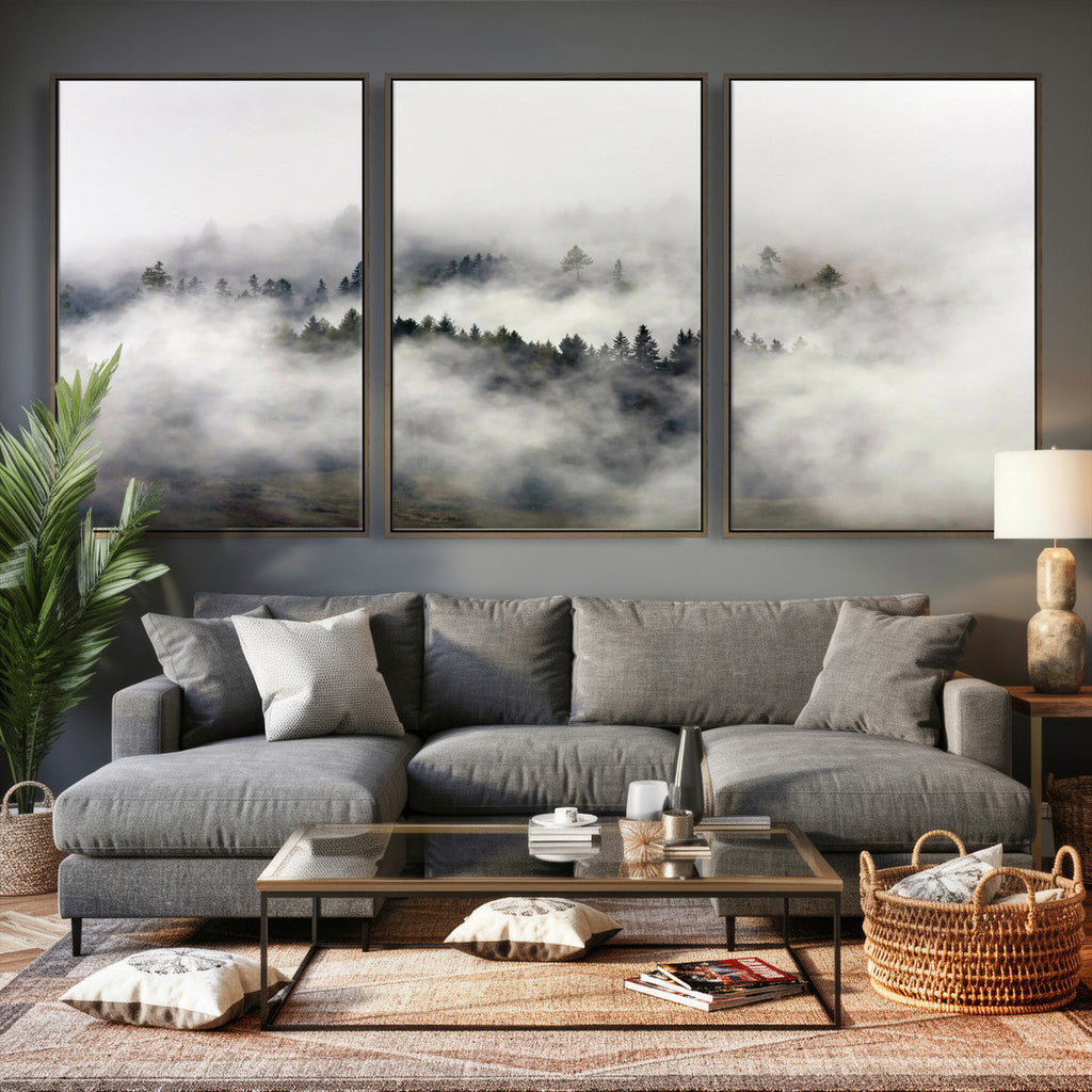 Foggy Forest Wall Art Canvas Print, Misty Pine Tree Landscape