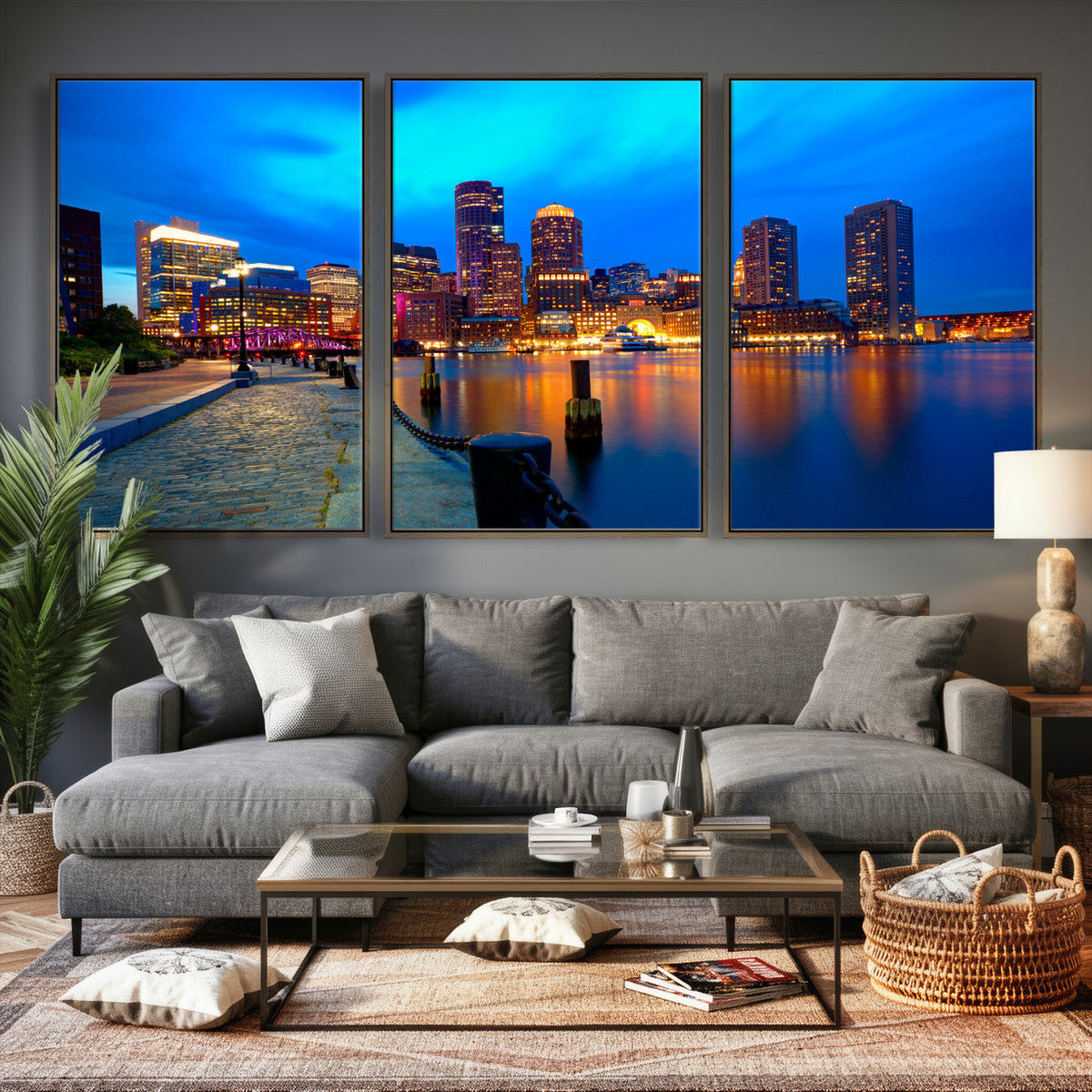 Boston Wall Art Canvas Print, Boston City Downtown Night Cityscape