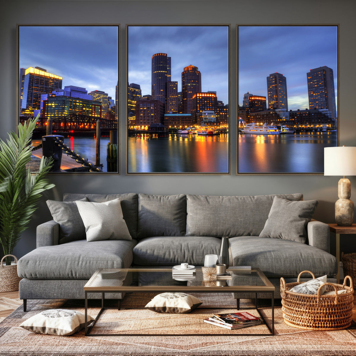 Boston Wall Art Canvas Print, Boston City Downtown Night Cityscape