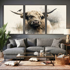 Abstract Highland Cow Wall Art Canvas Print, Rustic Farm Cattle Portrait
