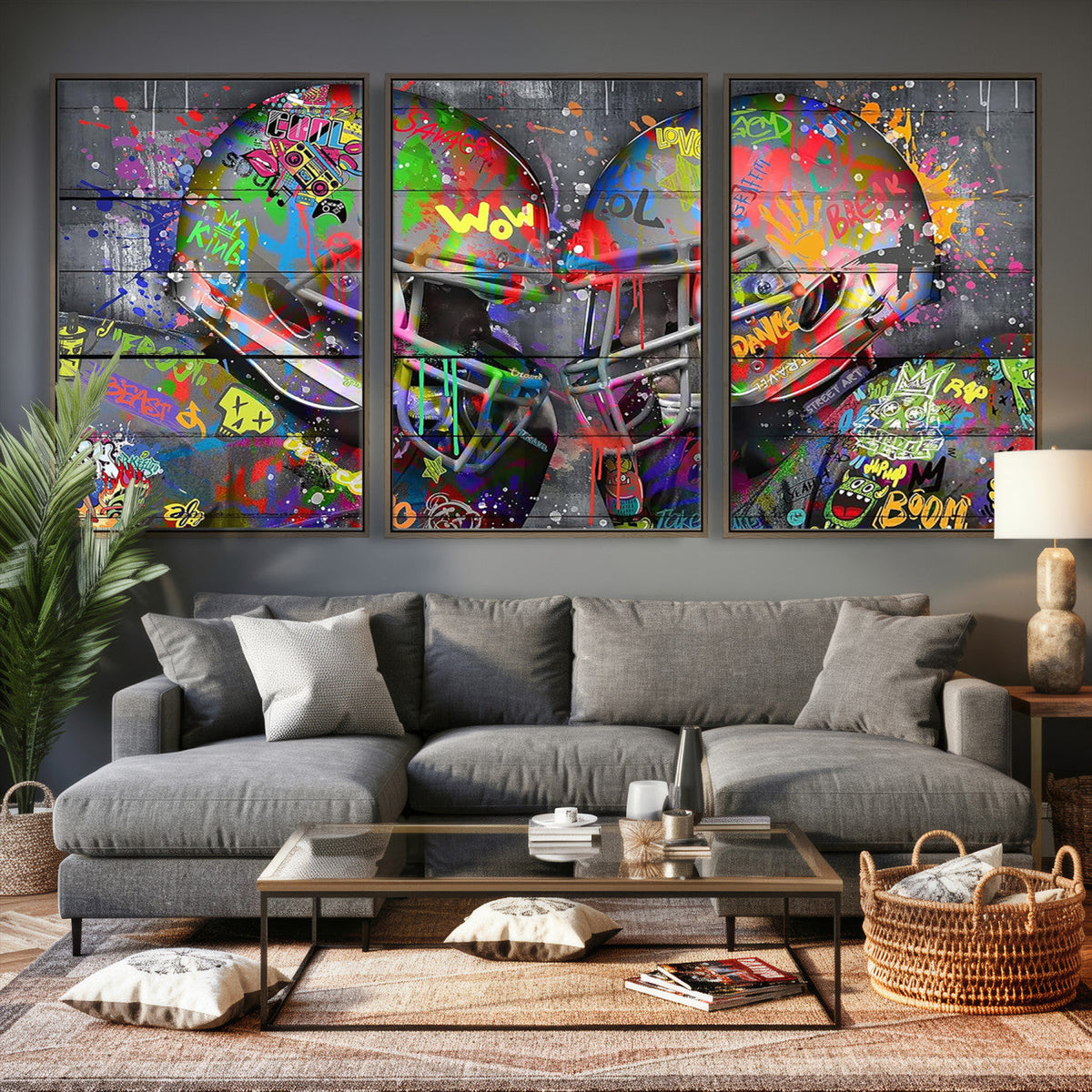 Graffiti Football Helmets Wall Art Canvas Print, Urban Street Art