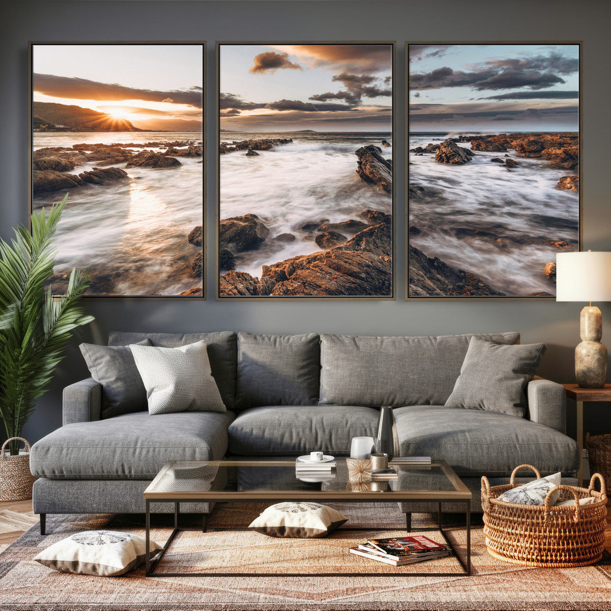 Rocky Coast Ocean Sunset Wall Art Canvas Print, Dramatic Seascape Nature Decor