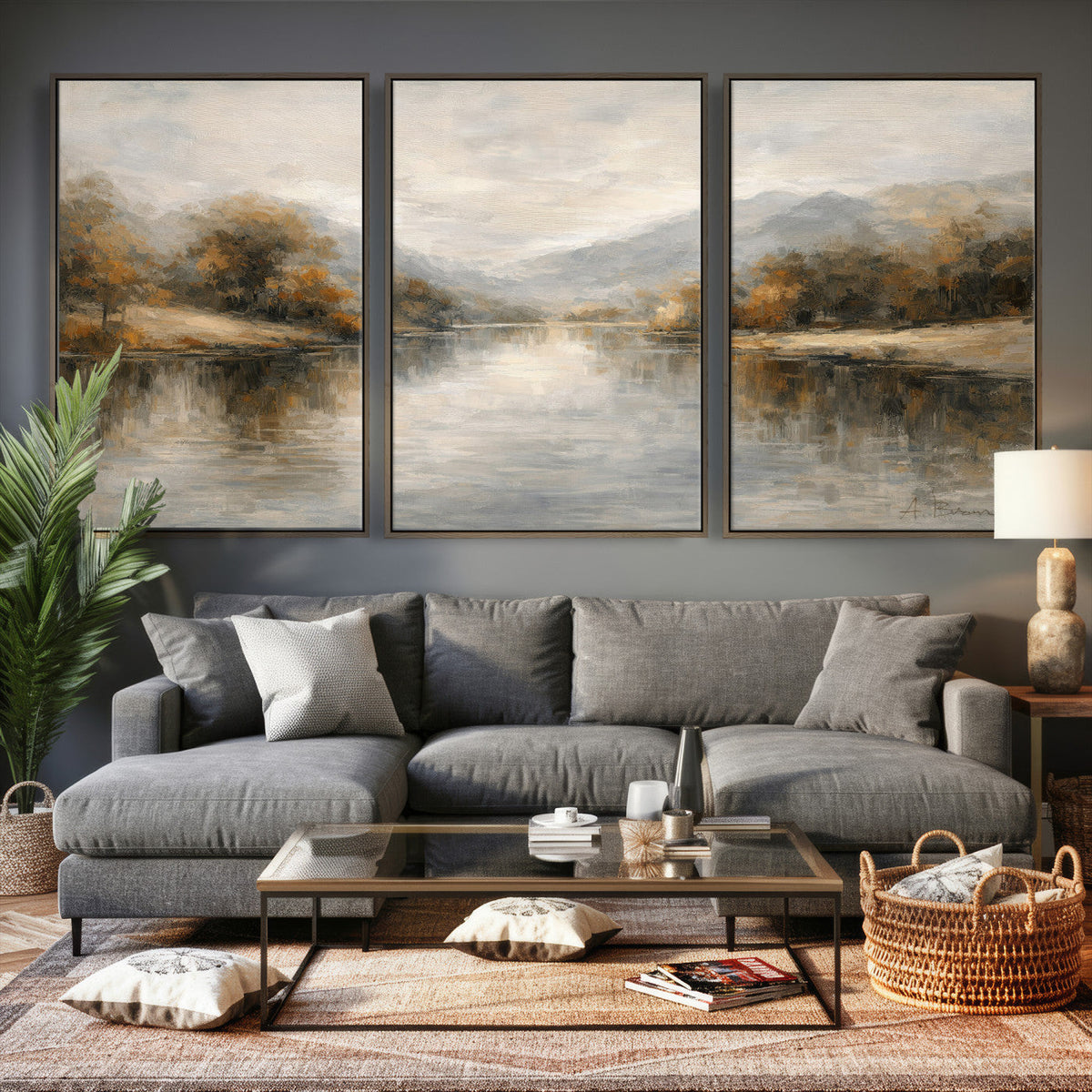 Neutral Abstract River Landscape Wall Art Canvas Print
