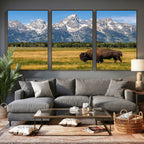 Bison in Mountain Landscape Wall Art Canvas Print, Western Decor