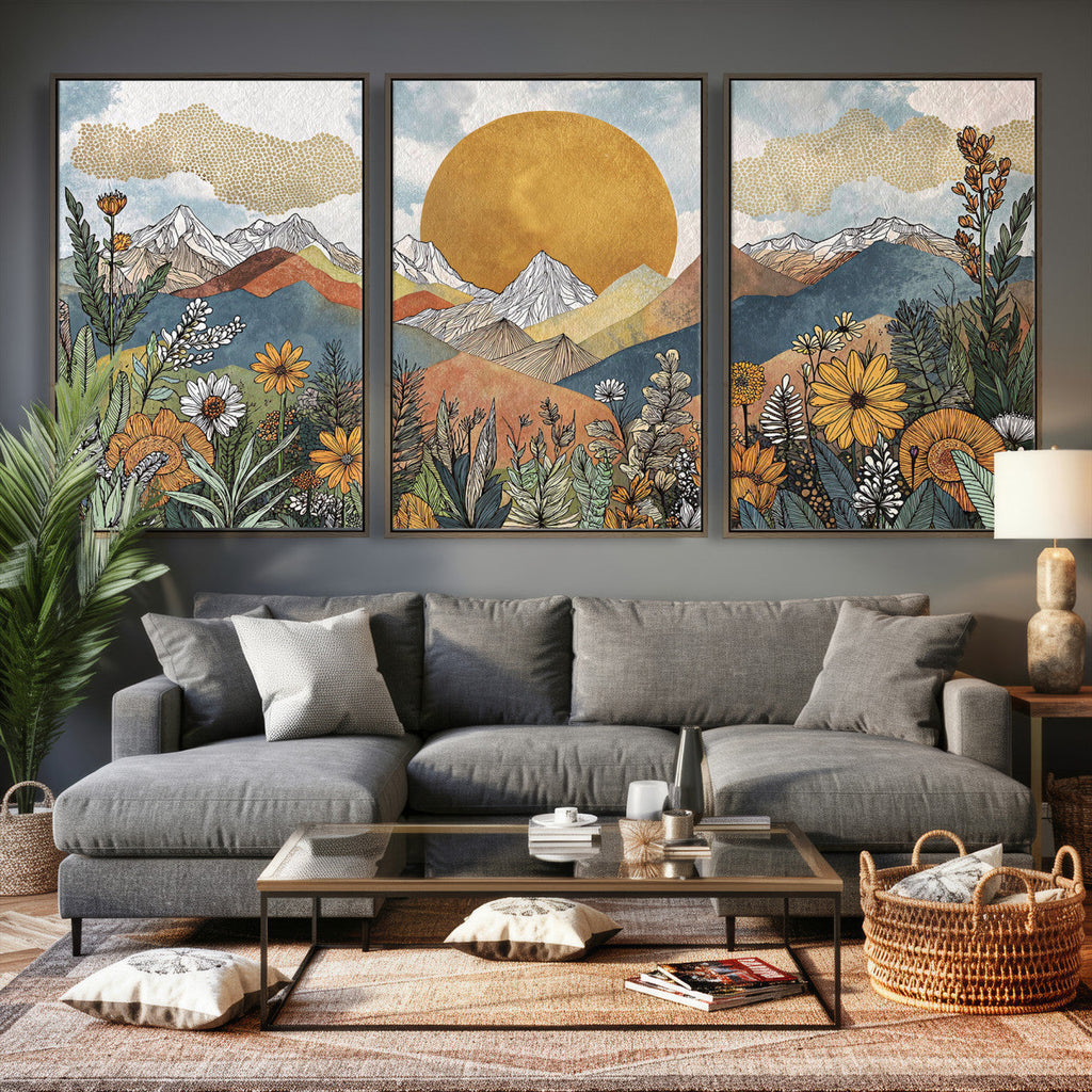 Boho Mountain Landscape Large Wall Art, Horizontal Gold Sun and Flowers Print
