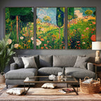 Gustav Klimt Boho Mountain Landscape Large Wall Art, Gold Sun and Flowers Print