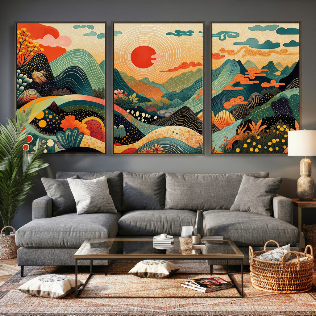 Yayoi Kusama Boho Mountain Landscape Large Wall Art, Gold Sun and Flowers Print
