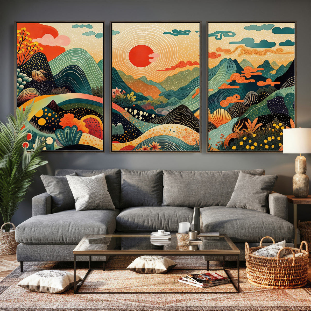 Yayoi Kusama Boho Mountain Landscape Large Wall Art, Gold Sun and Flowers Print
