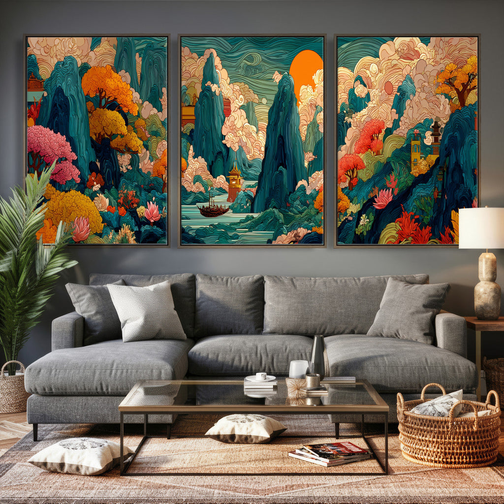 Colorful Japanese Landscape Print: Maximalist Panoramic Wall Art