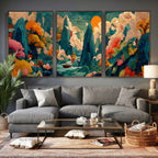 Colorful Japanese Landscape Print: Maximalist Panoramic Wall Art
