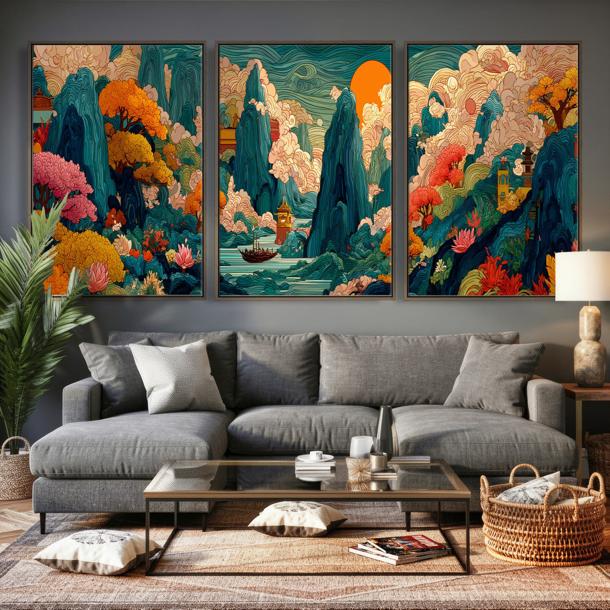 Colorful Japanese Landscape Print: Maximalist Panoramic Wall Art