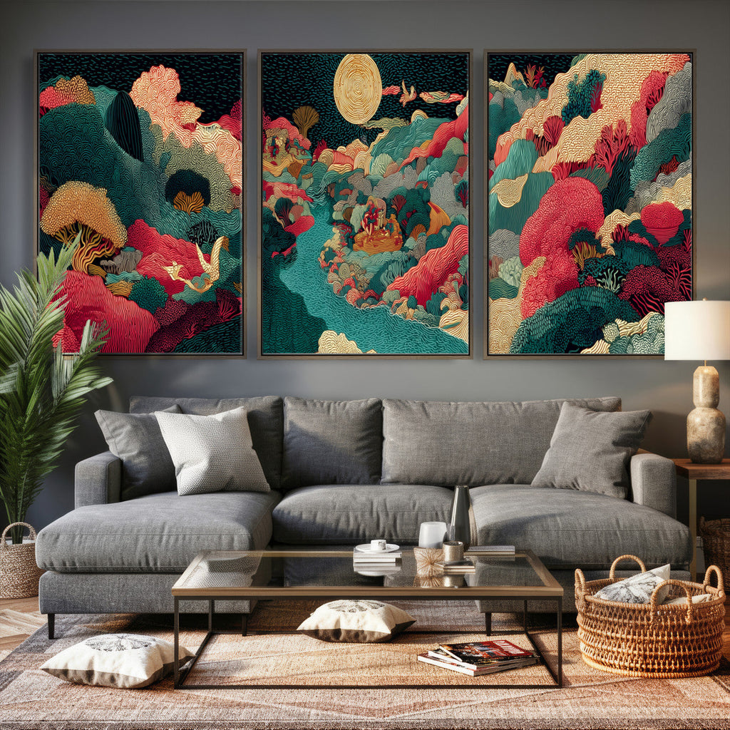 Colorful Japanese Landscape Print: Maximalist Panoramic Wall Art