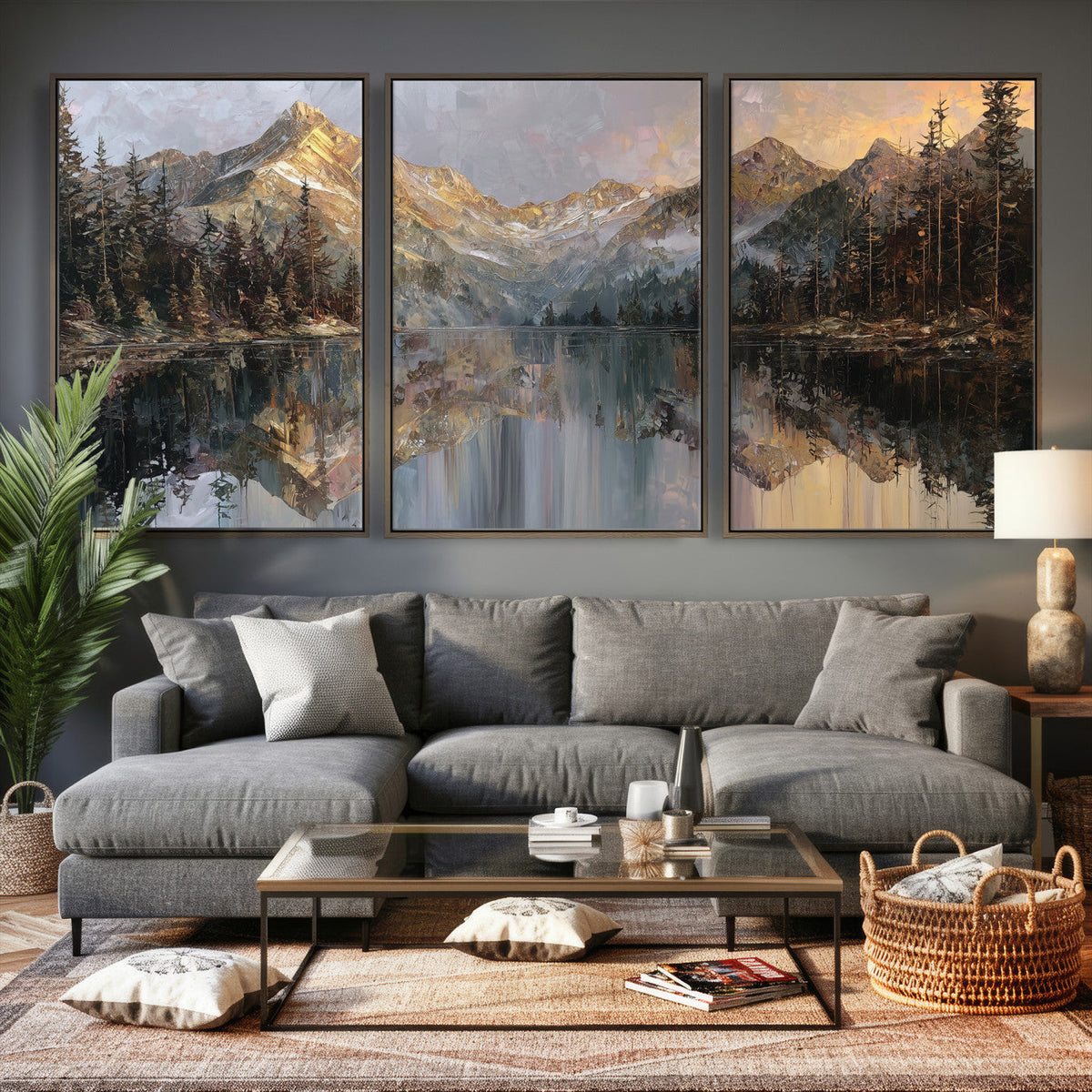 Drip Style Forest Lake Gold Art, Abstract Expressionist, Framed and Ready to Hang
