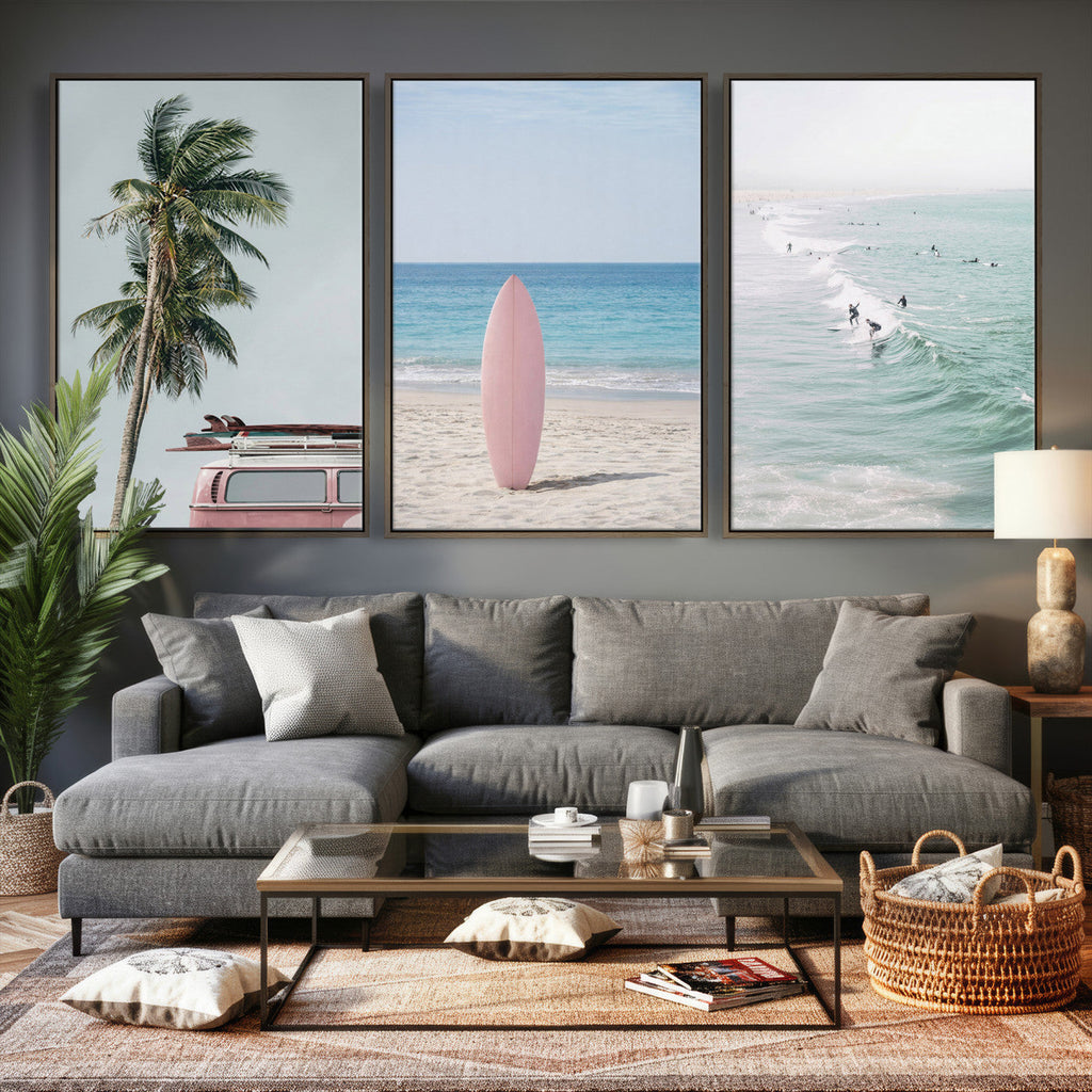 Surf Canvas Wall Art Set, Pink Surfboard VW Van Palm Tree