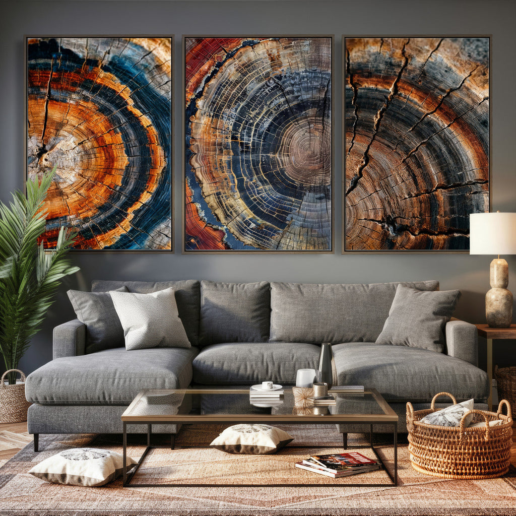 Tree Ring Canvas Wall Art, Wood Cross Section Triptych