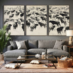 Longhorn Cattle Canvas Wall Art, Black White Stampede Ink